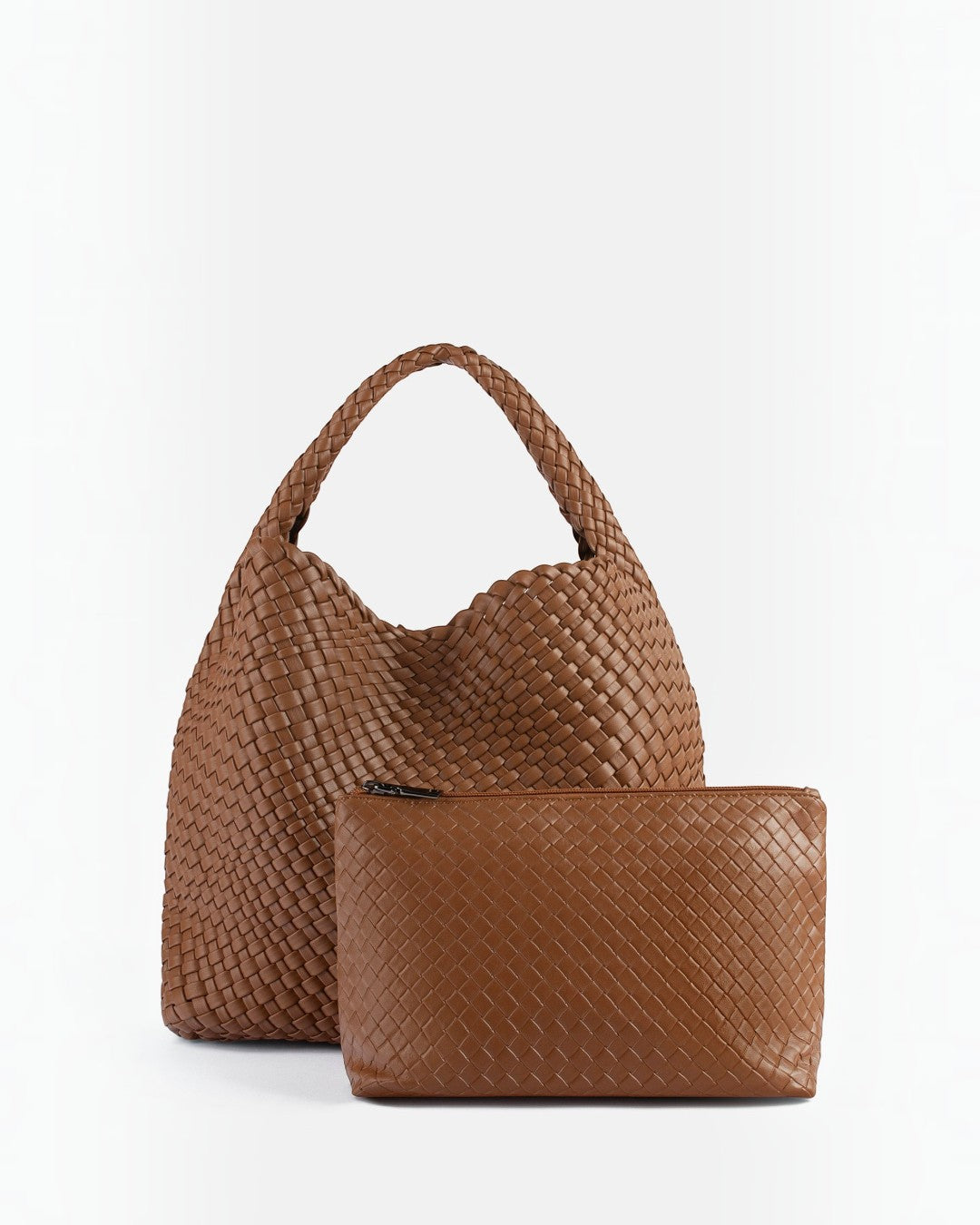 Pine Drew India Jocelyn handwoven tan vegan leather slouchy shoulder bag with matching zippered pouch