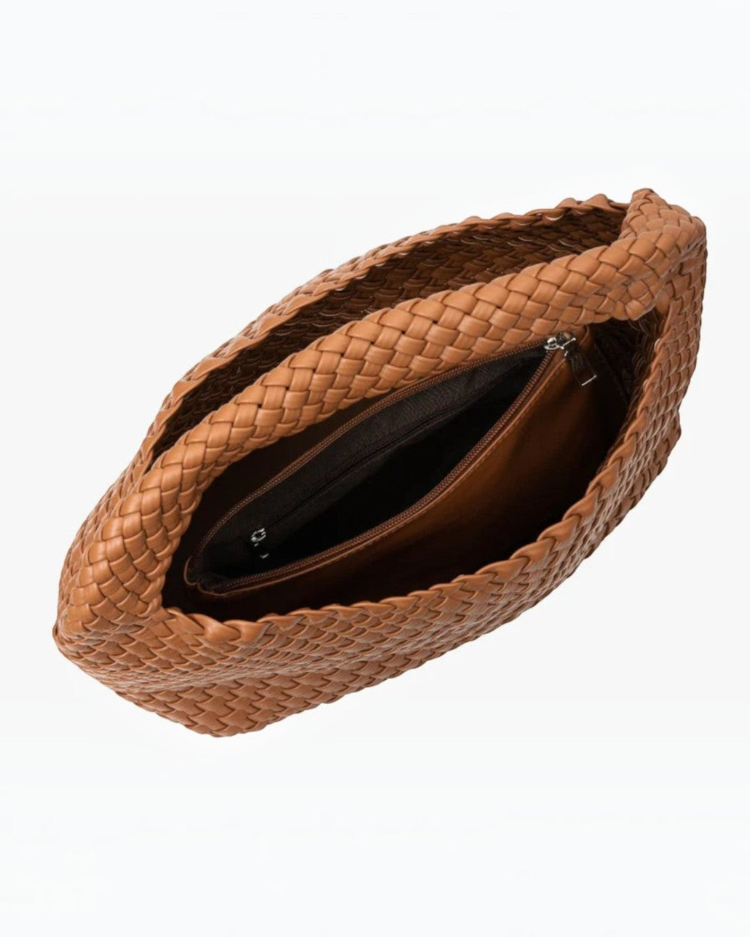 Pine Drew India Jocelyn handwoven tan vegan leather shoulder bag with interior zipper pocket, top view