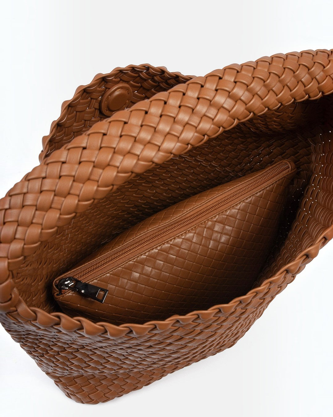 Pine Drew India The Jocelyn handwoven tan vegan leather shoulder bag with an internal zippered pouch