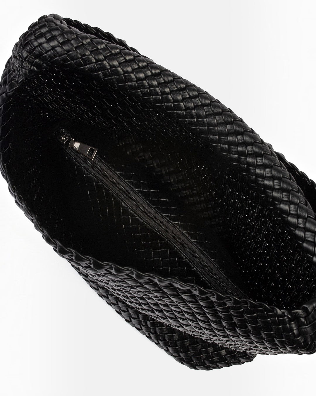 Pine Drew India The Jocelyn black handwoven vegan leather shoulder bag interior view with secure zipper closure
