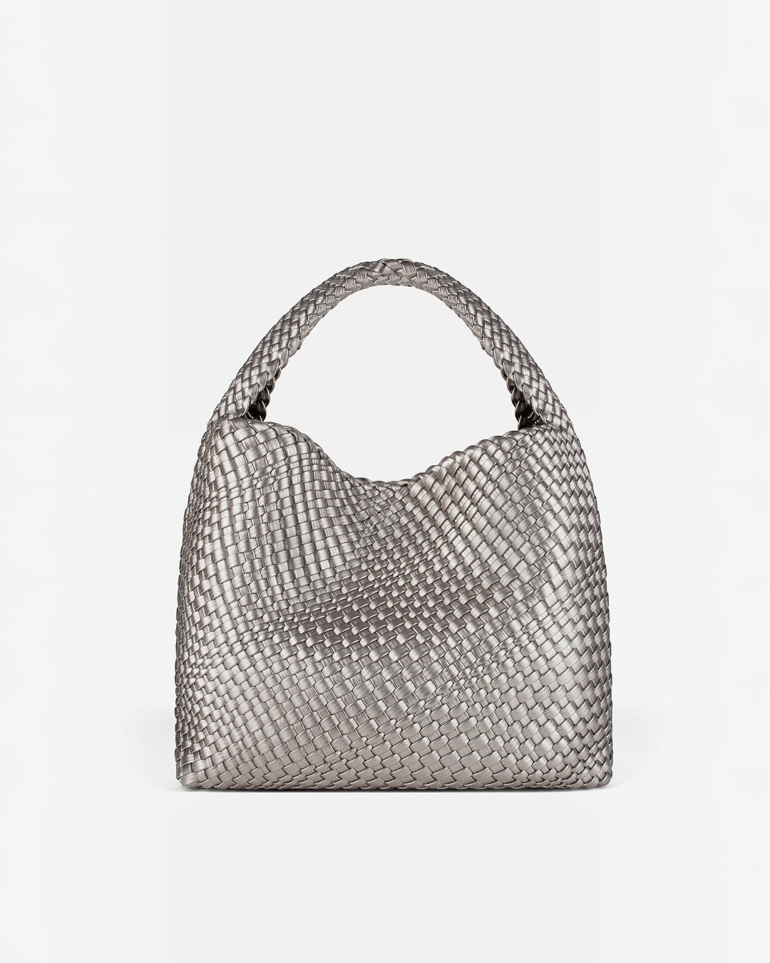 Pine Drew India The Jocelyn handwoven metallic silver vegan leather shoulder bag with a slouchy sculptural silhouette.