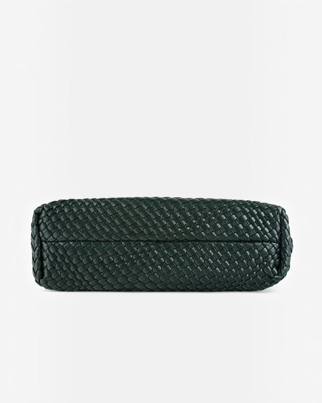 Pine Drew India The Jocelyn bag featuring a flat base and detailed handwoven black vegan leather texture.