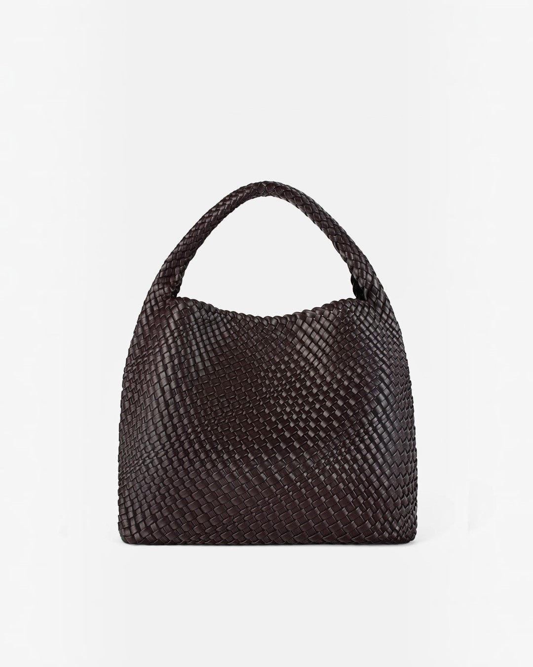 Pine Drew India Jocelyn bag in dark brown handwoven vegan leather with a slouchy sculptural silhouette