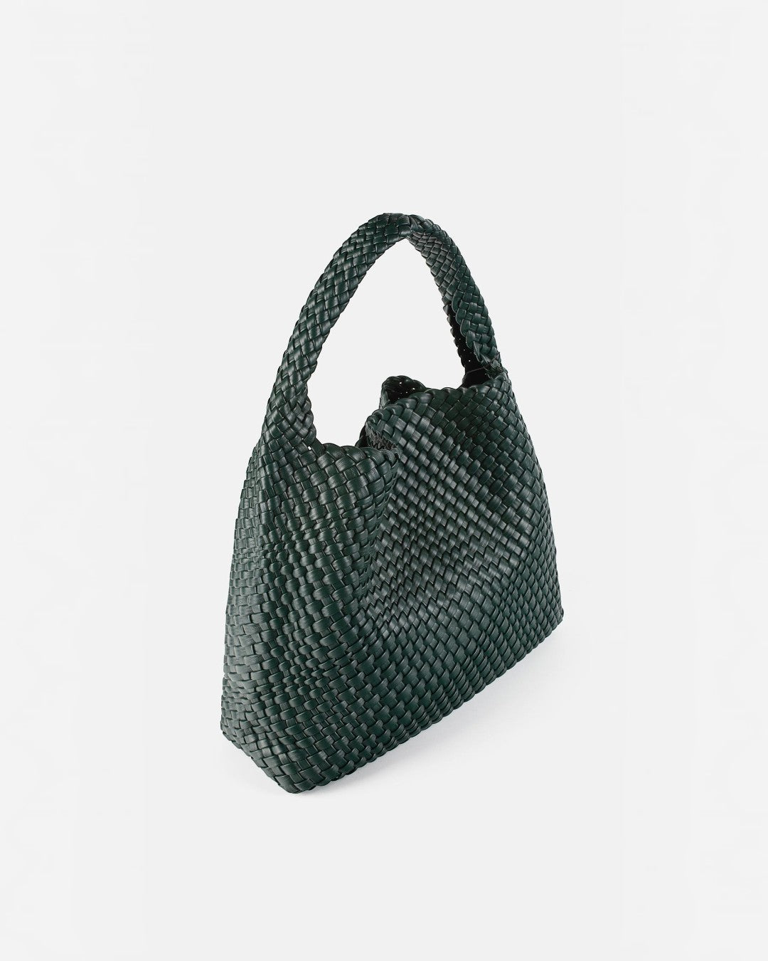Pine Drew India The Jocelyn handwoven dark green vegan leather shoulder bag with a slouchy sculptural silhouette.