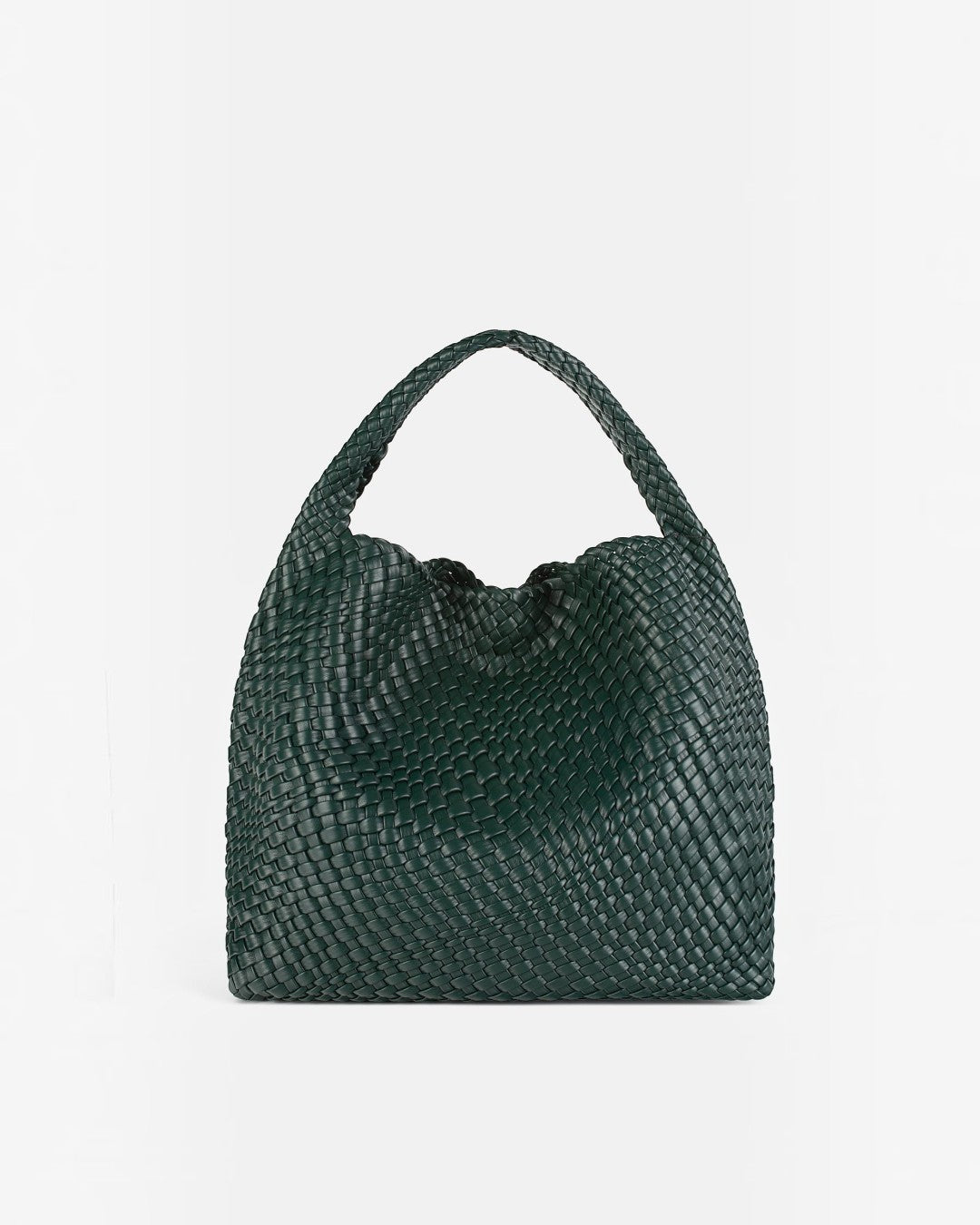 Pine Drew India The Jocelyn bag in dark green handwoven vegan leather with a slouchy sculptural silhouette.