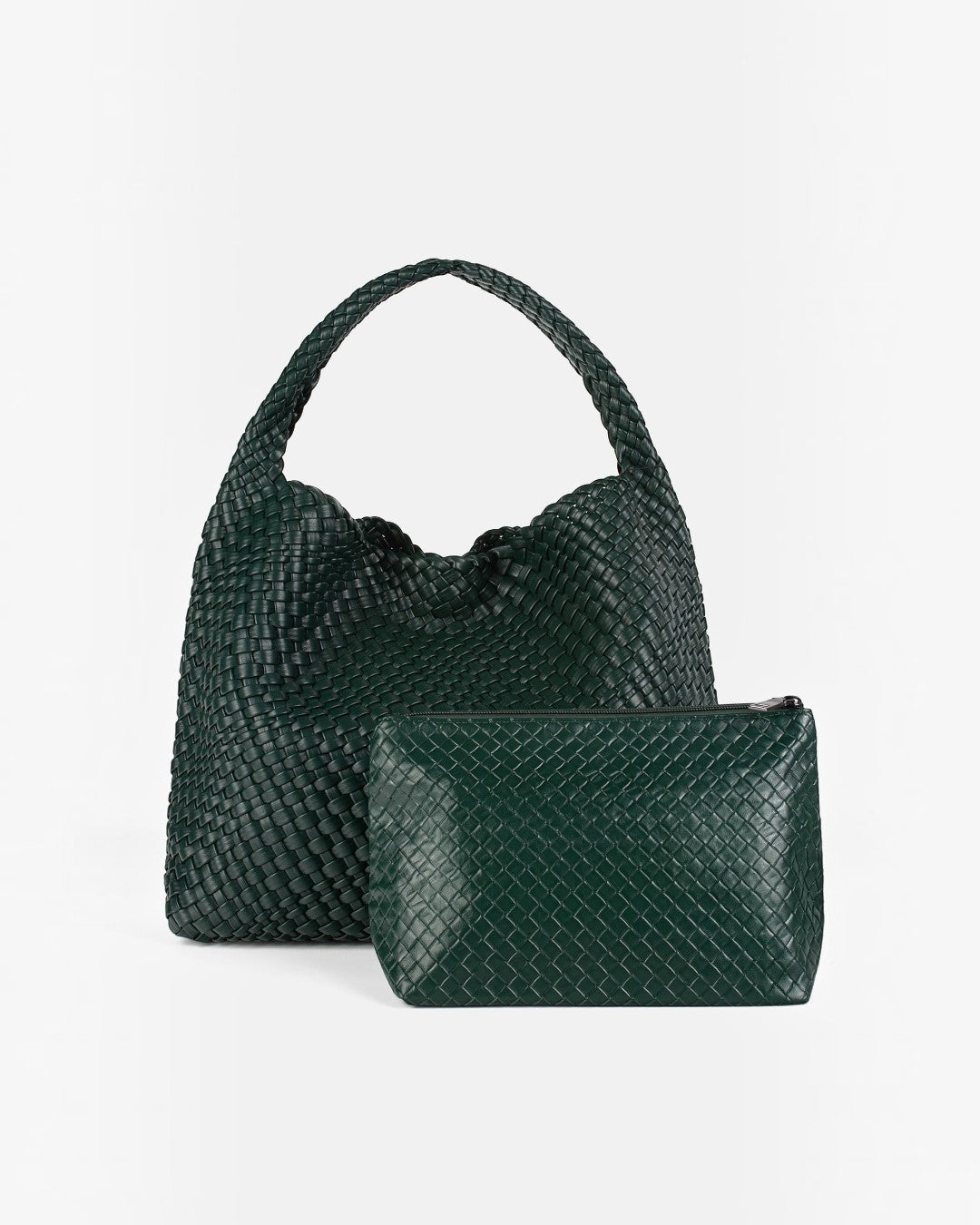 Pine Drew India Jocelyn handwoven dark green vegan leather shoulder bag with matching zippered pouch