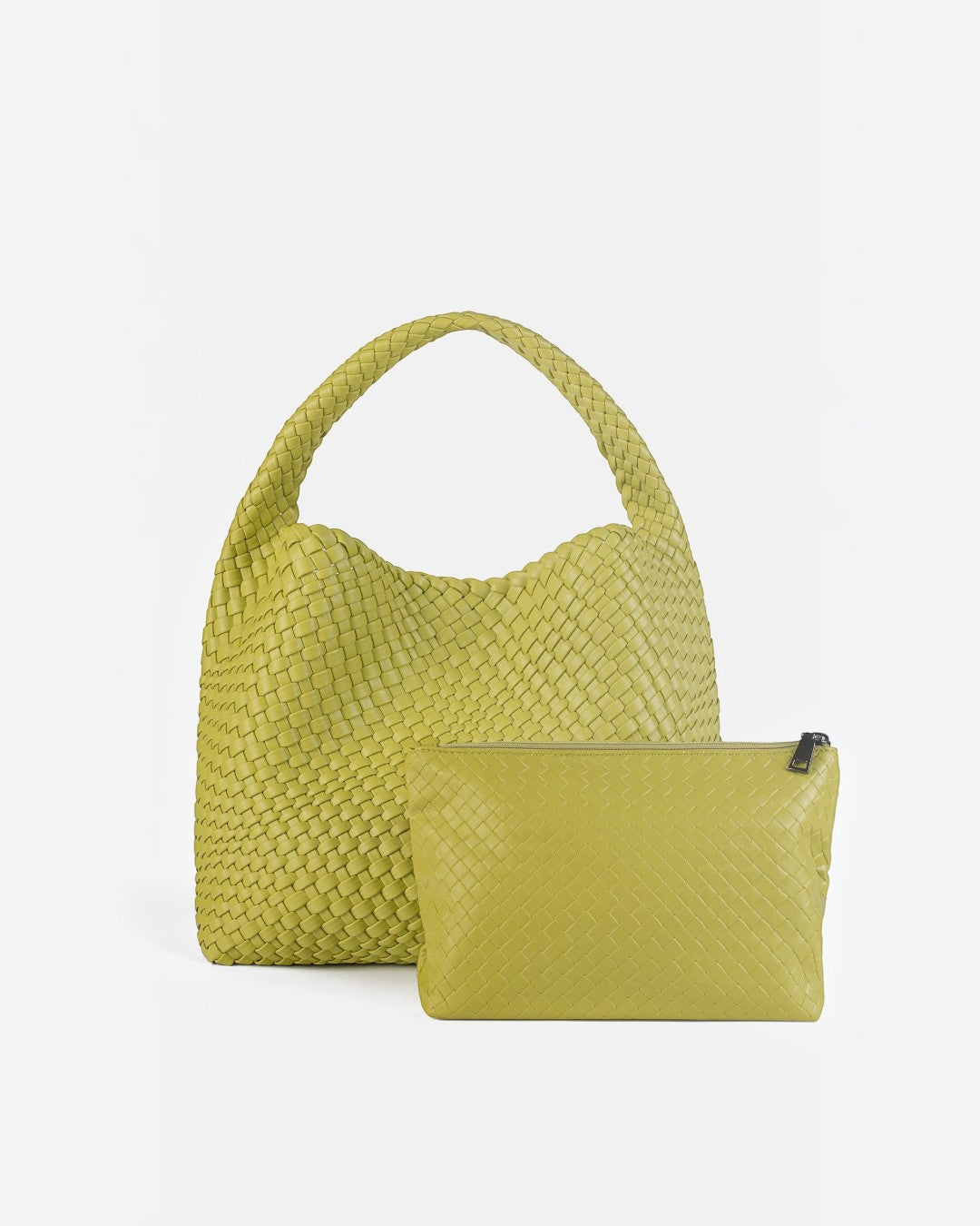 Pine Drew India Jocelyn handwoven lime green vegan leather hobo bag with matching zippered pouch on white background