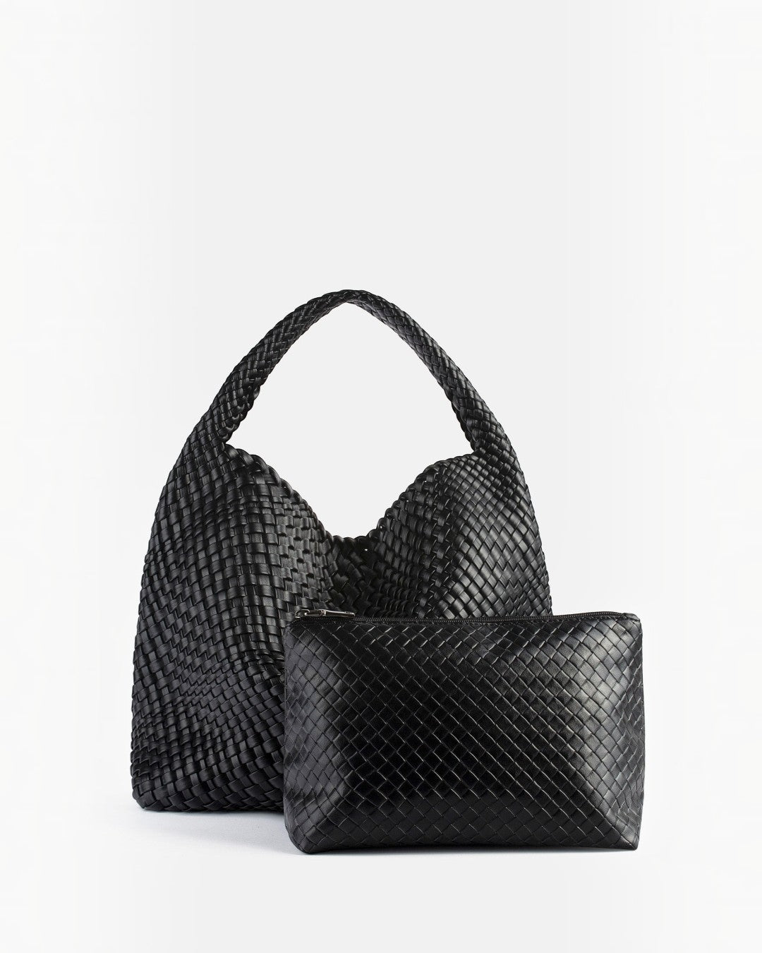 Pine Drew India The Jocelyn black handwoven vegan leather slouchy shoulder bag with matching zippered pouch