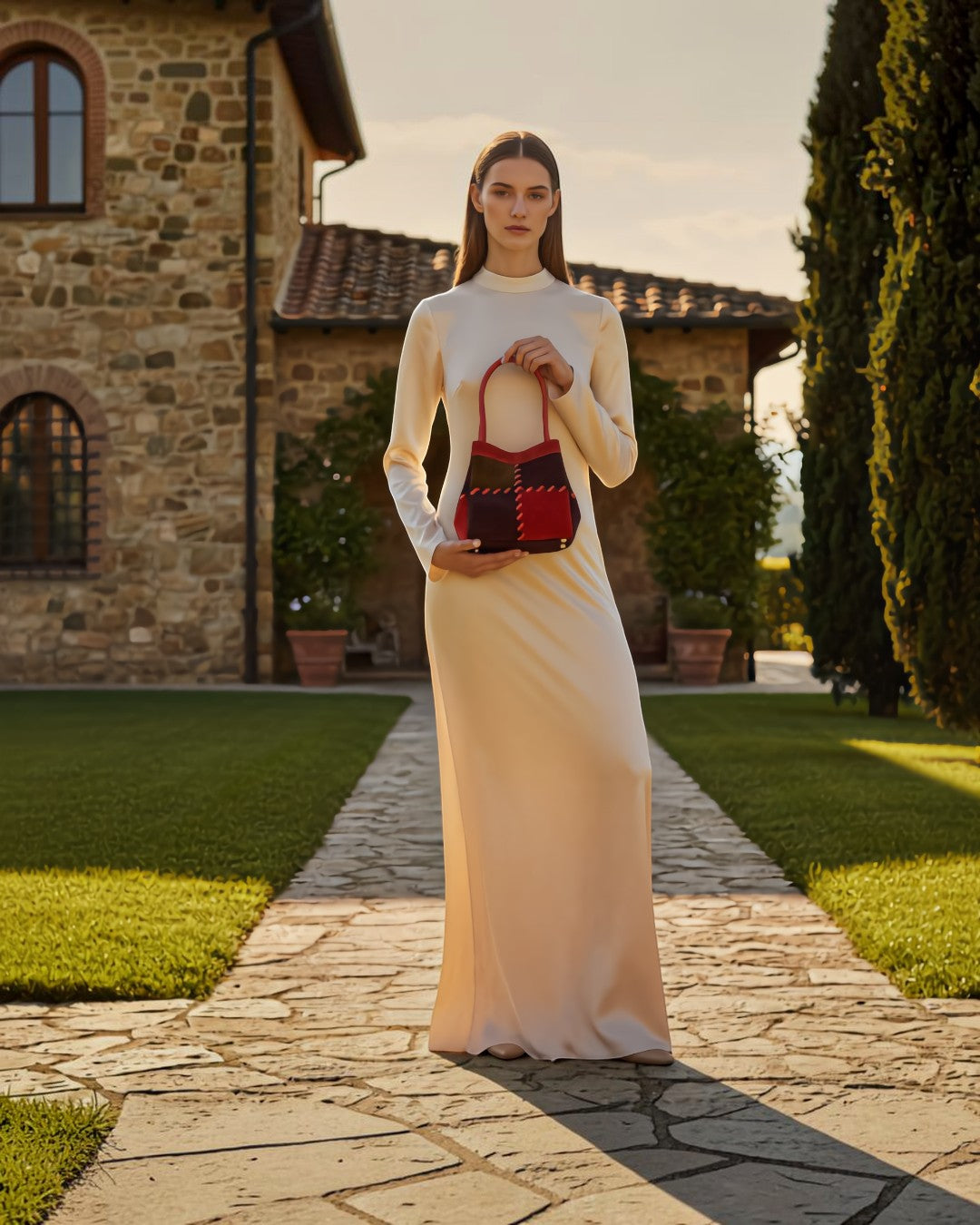 Pine Drew India Luna Mosaic handbag with patchwork suede and leather panels held by a model in a cream silk dress.
