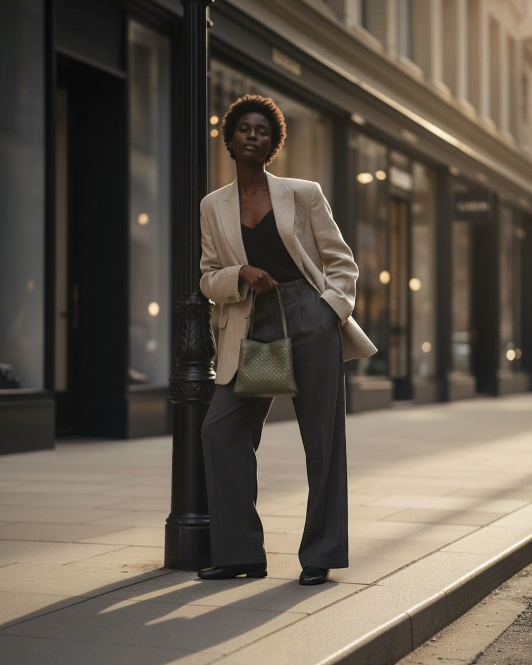 Pine Drew India Luna Verdura olive woven leather handbag held by a model in a beige blazer and grey trousers