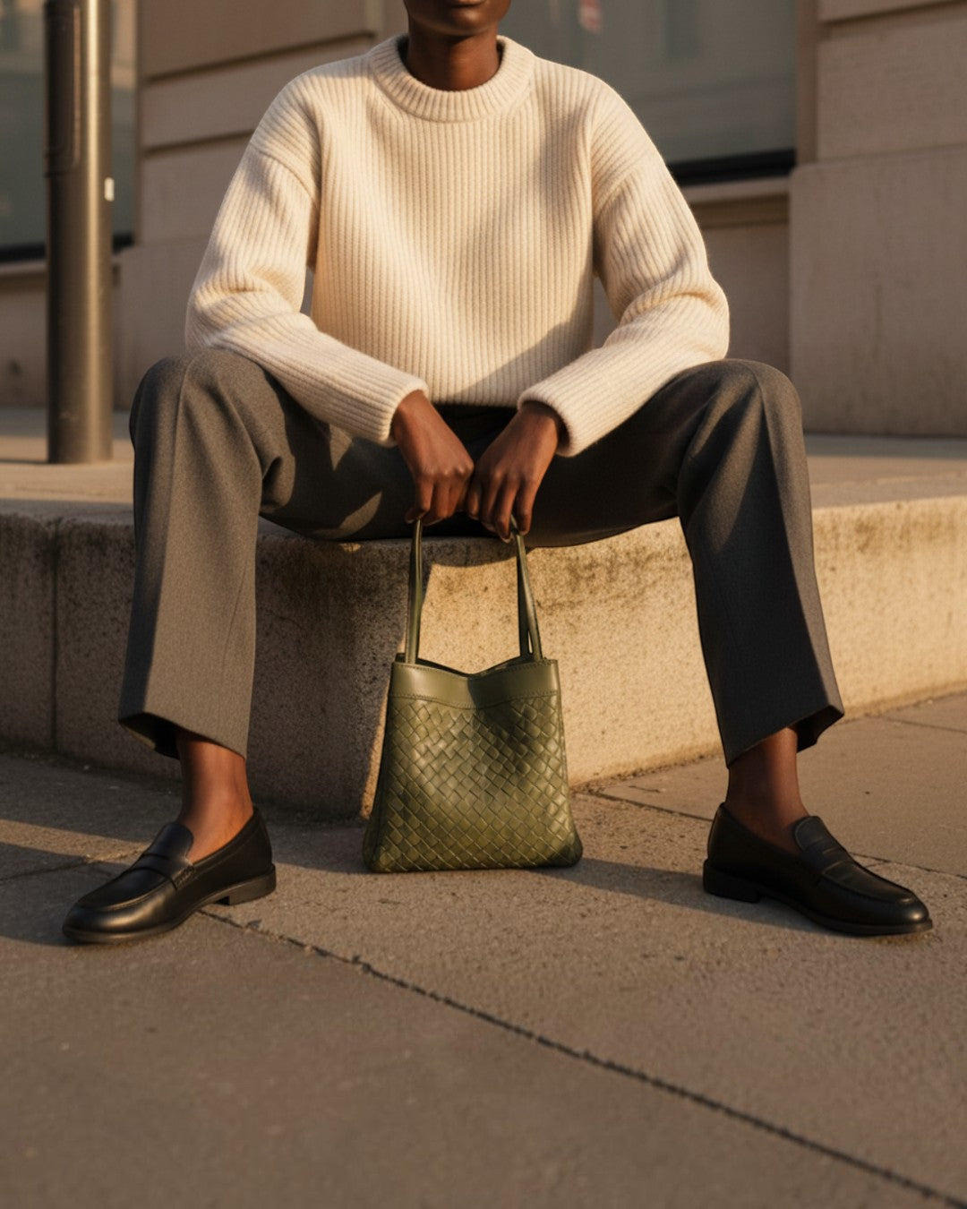 Pine Drew India Luna Verdura olive green woven leather handbag with architectural handles held by a seated model.