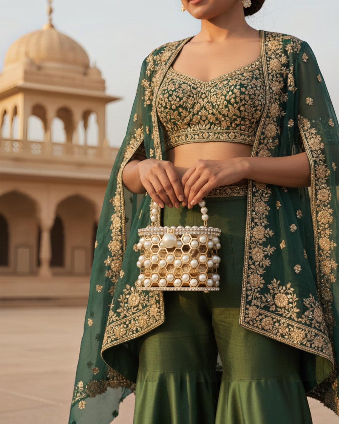 Pine Drew India Aurelia Pearl Lattice minaudière in champagne-gold with pearl accents held by a woman in ethnic wear.