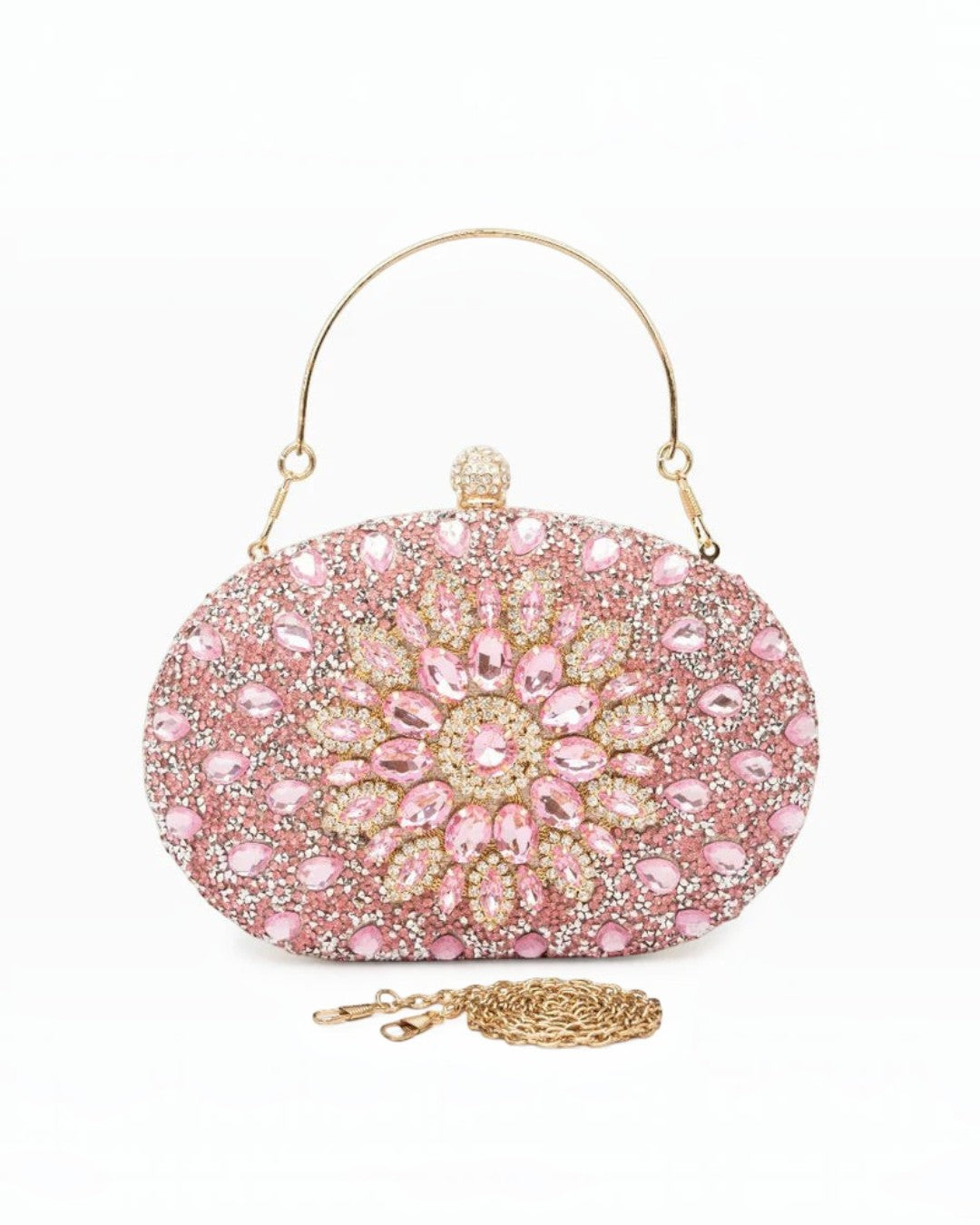 Pine Drew India pink polyester clutch bag encrusted with sparkling diamond-like crystals in a floral pattern