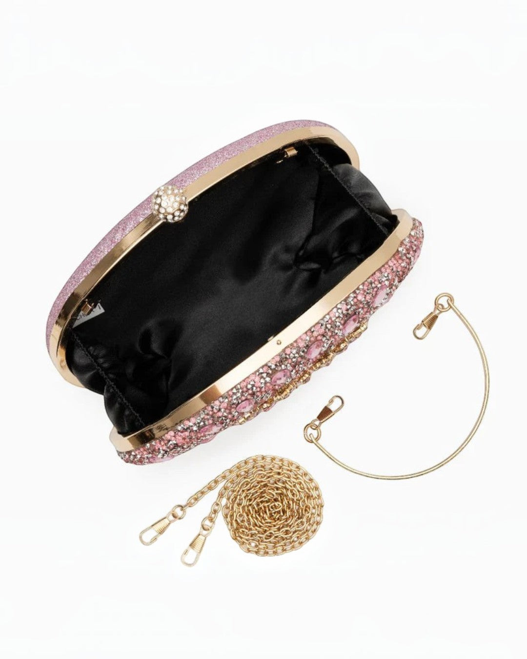 Pine Drew India pink diamond encrusted clutch bag with gold chain strap and open interior view