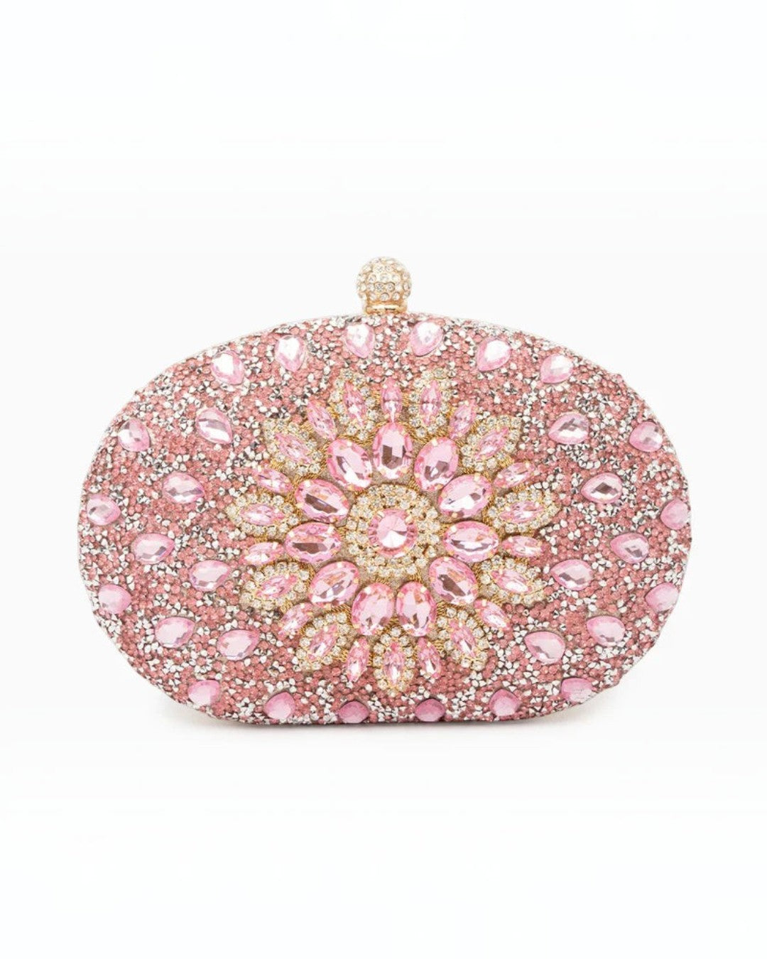 Pine Drew India pink oval clutch bag encrusted with sparkling diamond-like crystals in a floral pattern
