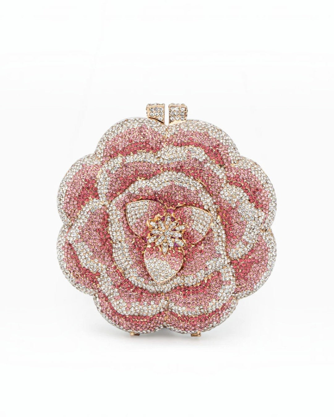 Pine Drew India pink flower-shaped clutch bag covered in sparkling rhinestones and jewel embellishments.