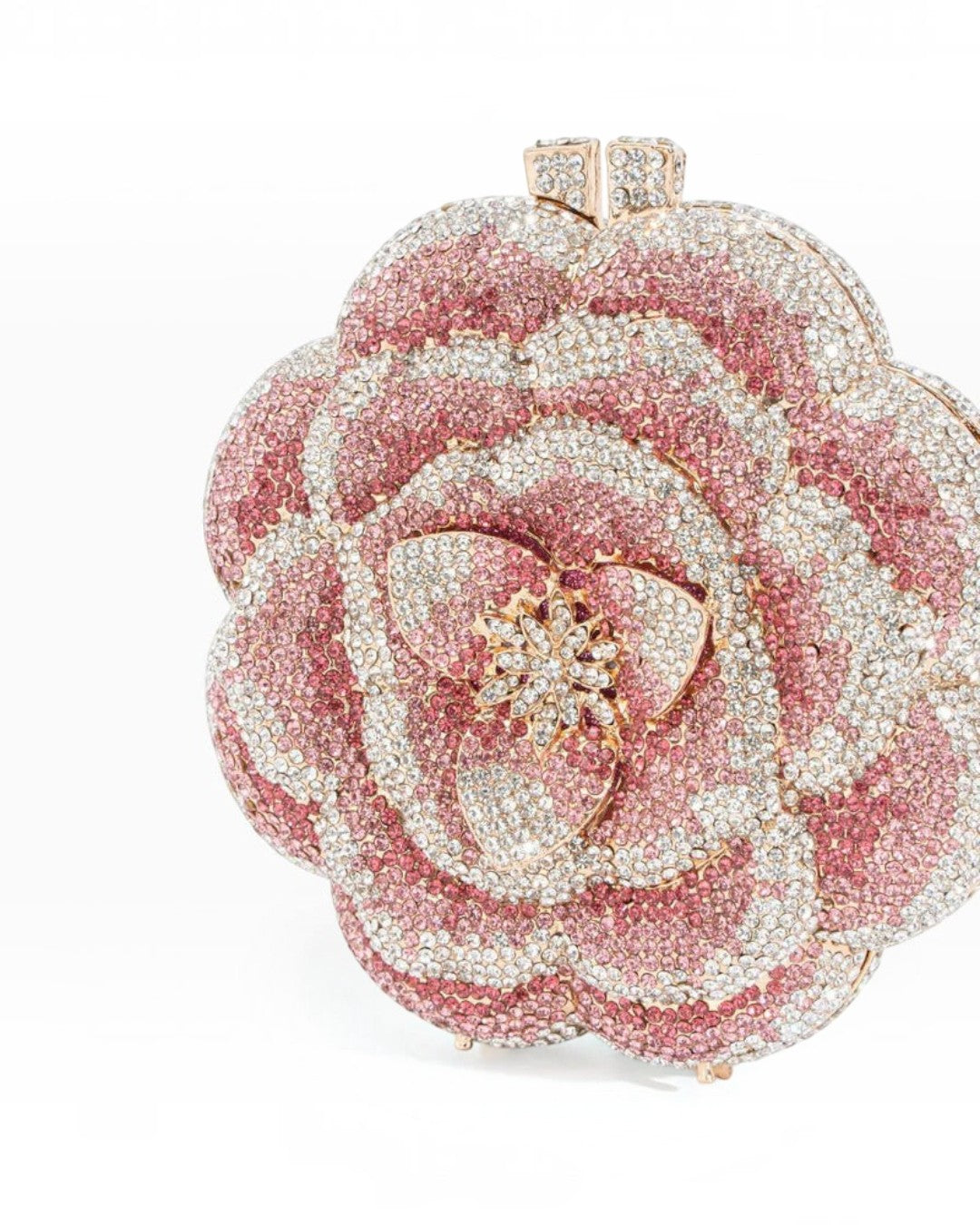 Pine Drew India pink floral clutch bag made of vegan leather and covered in sparkling rhinestones.
