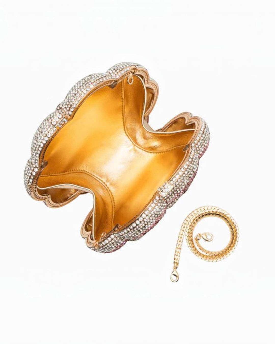 Pine Drew India Jeline flower clutch bag in pink vegan leather with sparkling rhinestone embellishments and gold chain