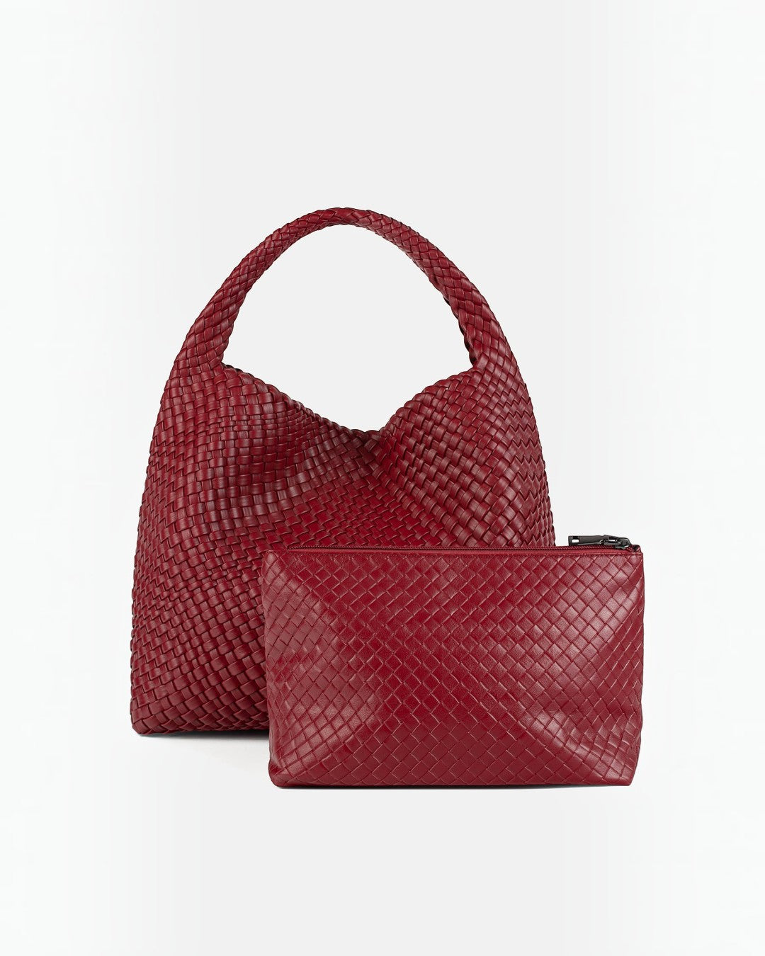 Pine Drew India Jocelyn handwoven red vegan leather slouchy shoulder bag with matching zippered pouch