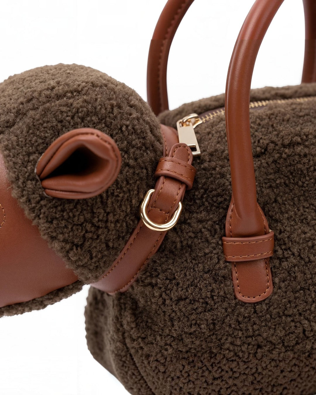 Pine Drew India Montone Mini chocolate teddy shearling sheep-shaped vegan leather bag with gold buckle collar