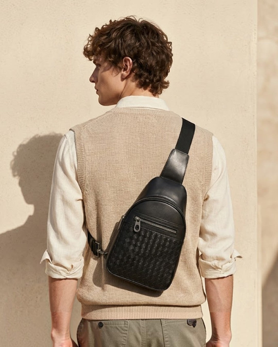 Pine Drew India Woven Voyager black full-grain leather sling bag worn by a man in a beige sweater vest