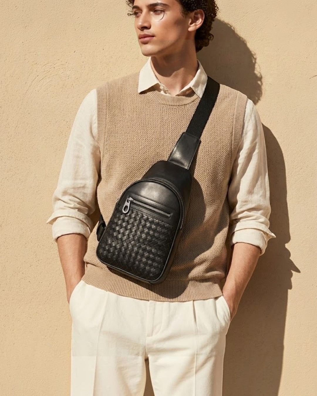 Pine Drew India Woven Voyager black full-grain leather sling bag worn by a man in a beige sweater vest