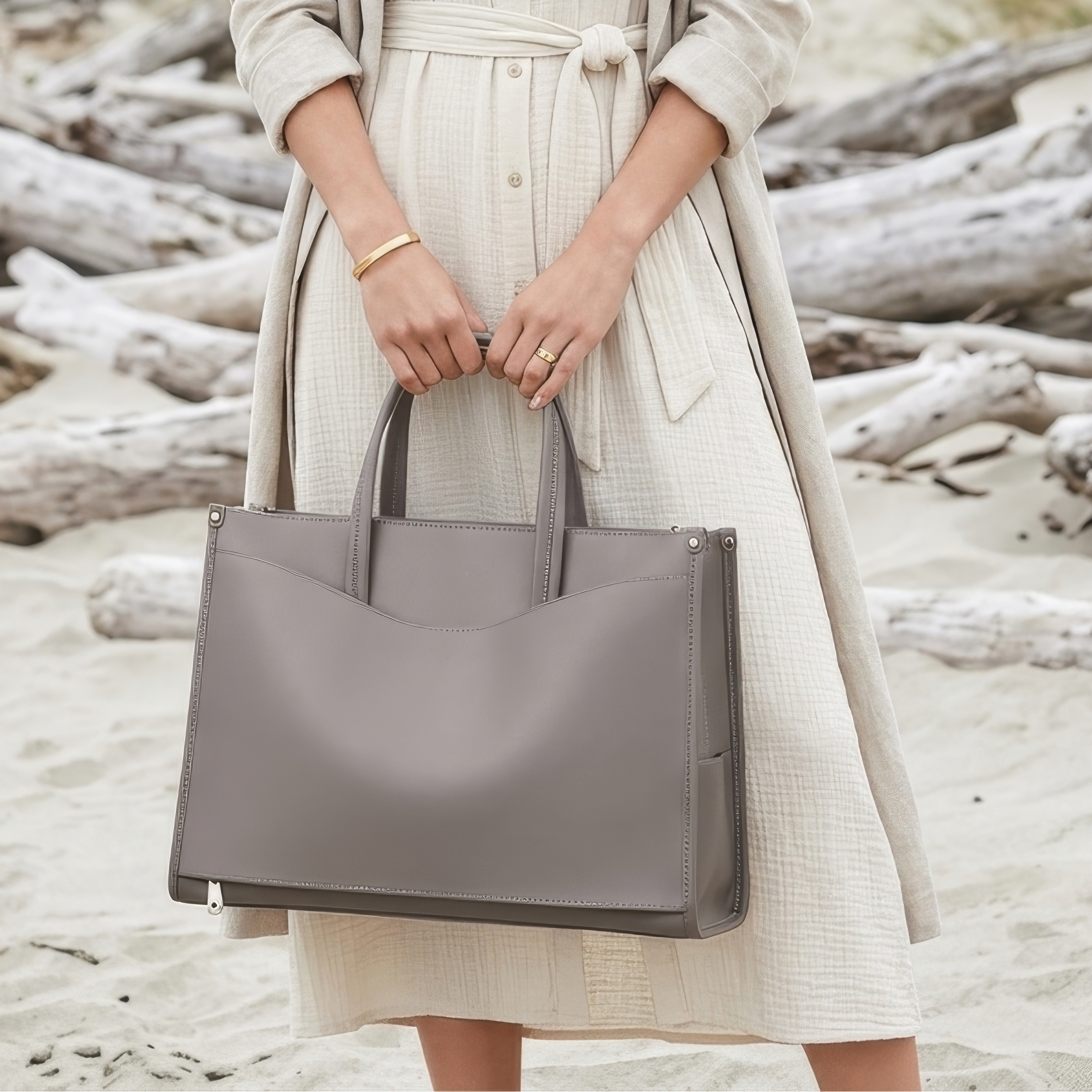 Person holding a gray tote bag on a beach with driftwood in the background